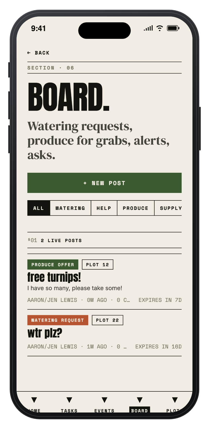 Community board screen with watering requests and produce offers