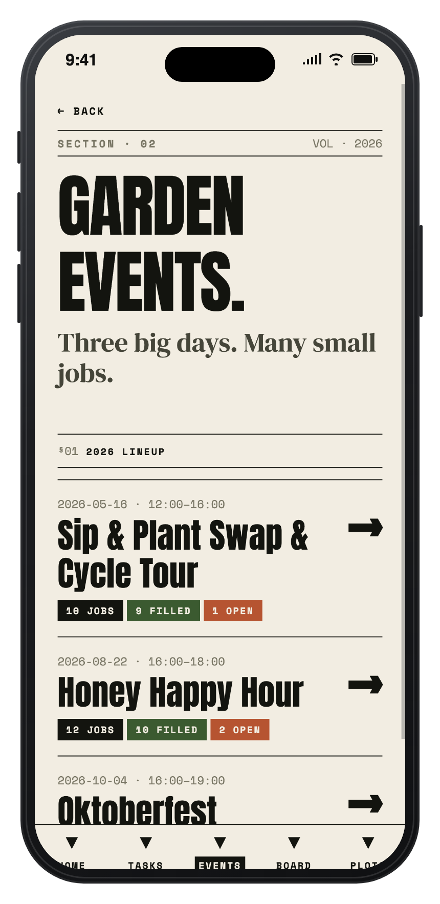 Garden events screen listing seasonal events with job fill counts