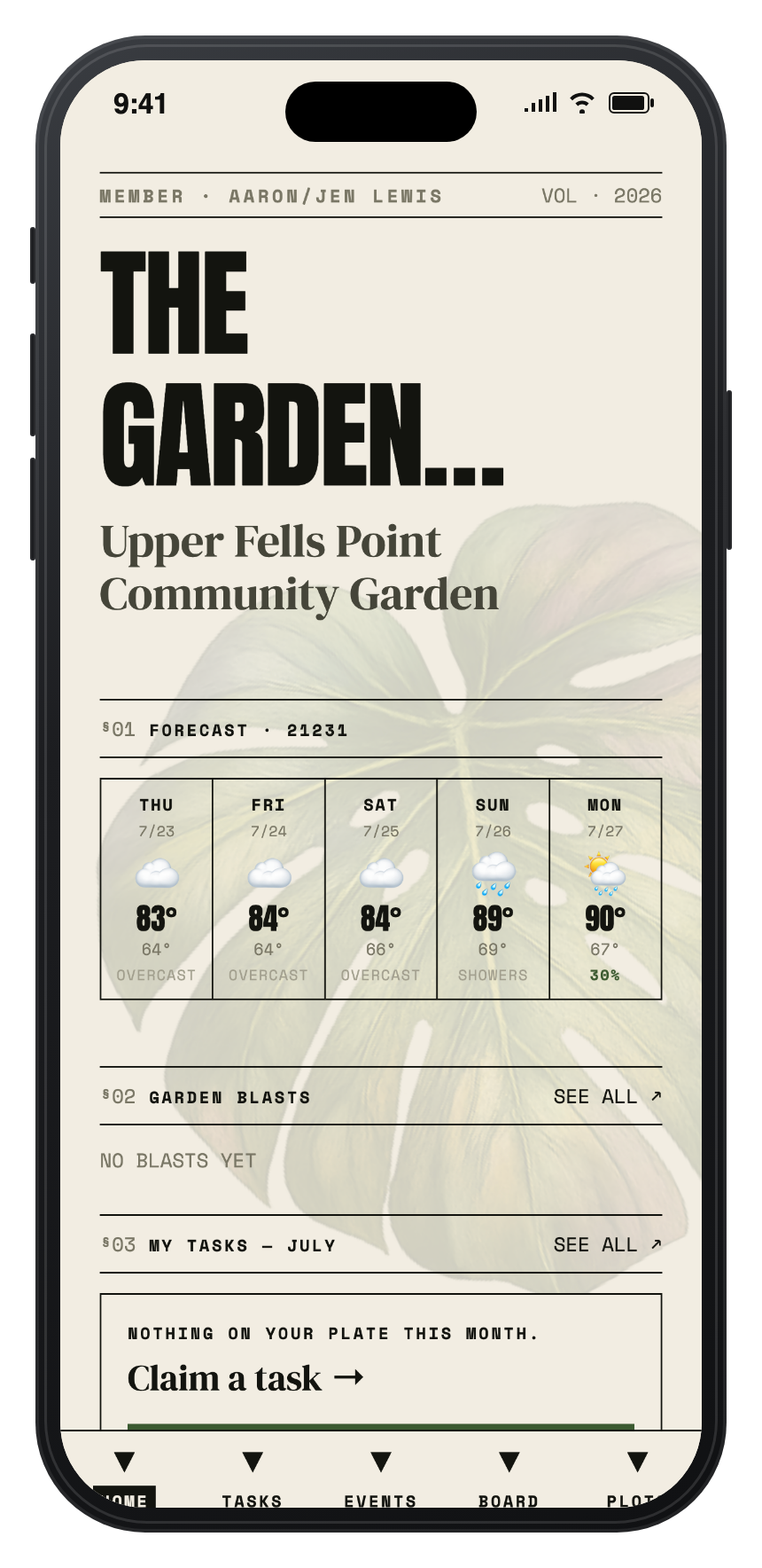 UFP Garden home screen showing forecast, blasts, and this month's tasks