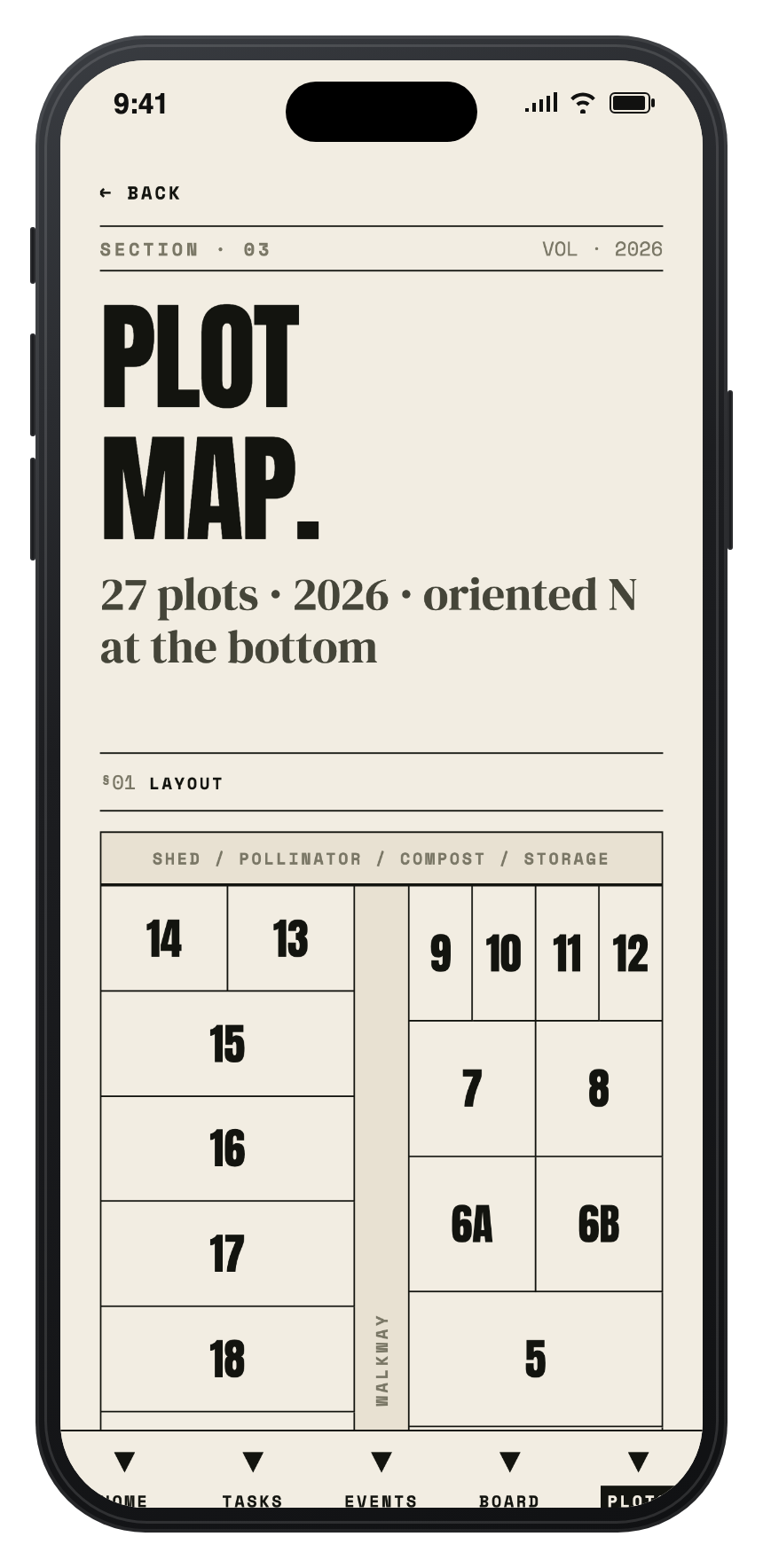 Plot map screen showing all 27 numbered garden plots