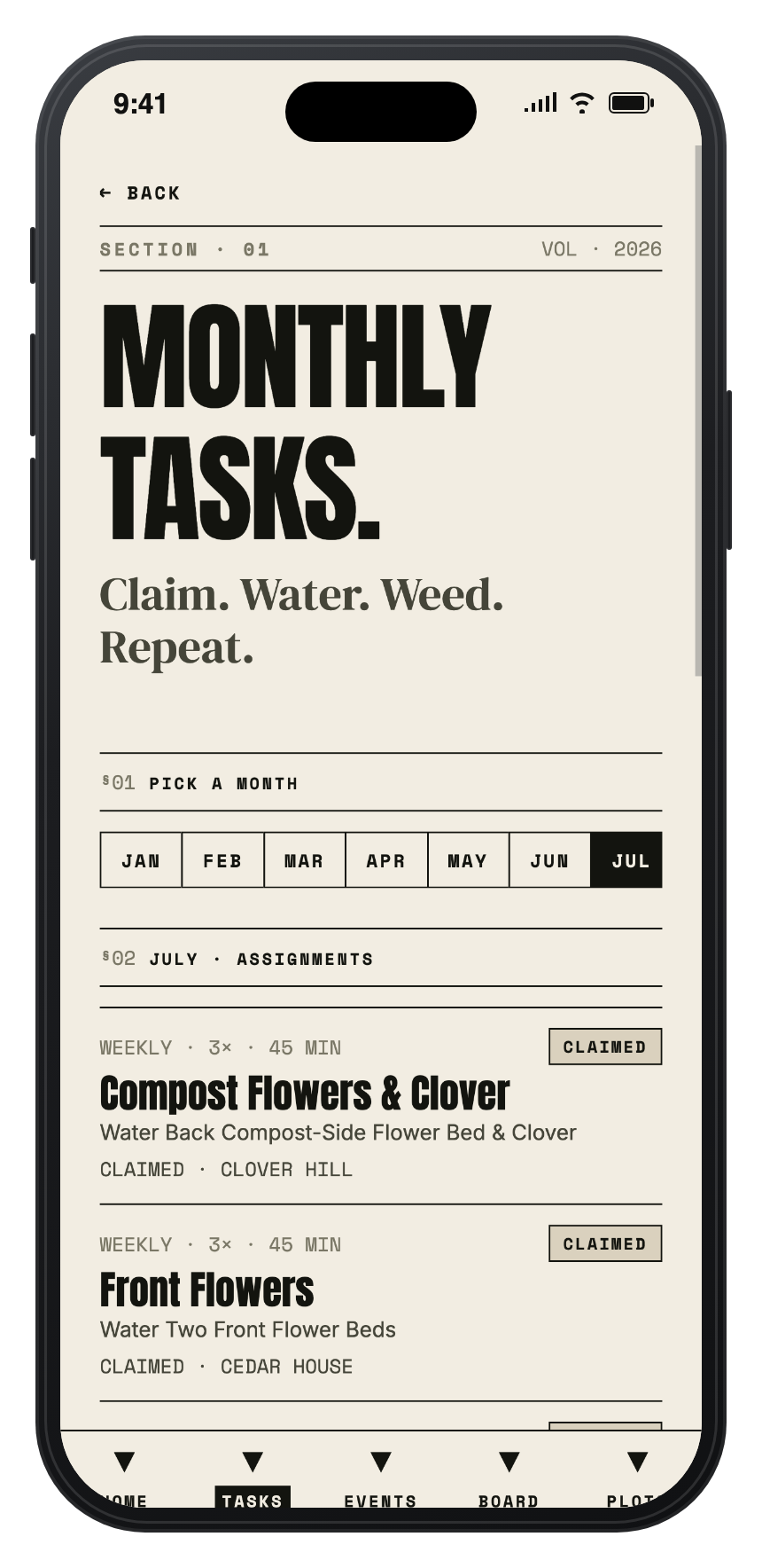 Monthly tasks screen with a month picker and claimed task cards